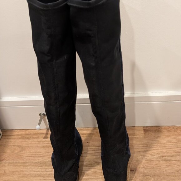 Stuart Weitzman  Navy & Black Over the Knee Suede Sock Boots - Picture 4 of 8